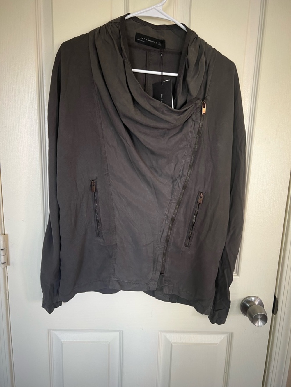 ZARA Woman Draped Moto Jacket Gray Lyocell Lightweight Asymmetrical Zip NWT
